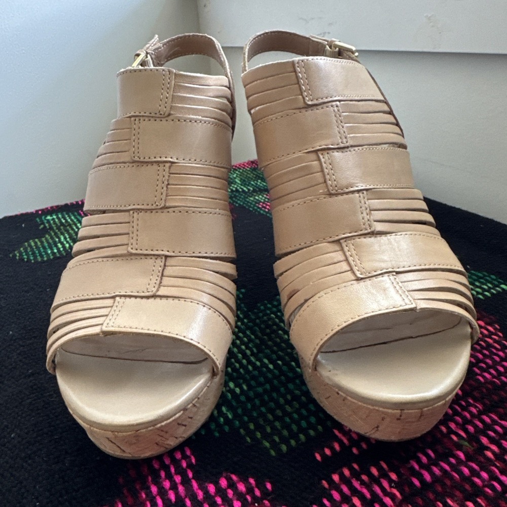 Franco Sarto Sharp Leather Platform Wedge Heels Slingback Sandals Size 8 M Tan - Picture 7 of 11